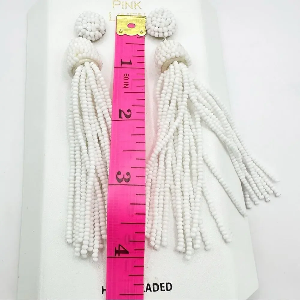 Pink Linen White Tassel Earrings NWT Seed Beads Dangle Jewelry Hand Beaded - Picture 6 of 16